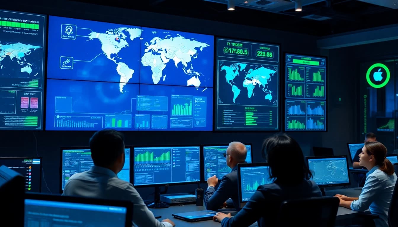 Professional network operations center showcasing 快连官网 global connectivity with IT professionals and advanced technology.