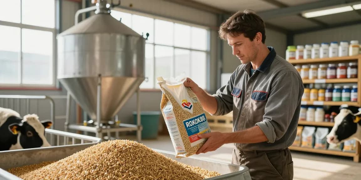High-quality animal feed from ROKOK88 being inspected at a feed mill by a farmer dedicated to livestock nutrition.