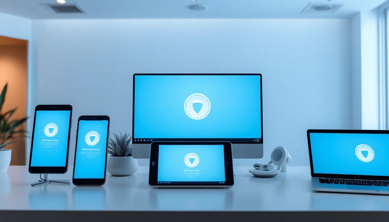 快连下载 interface showcased on various devices in a modern workspace, symbolizing global connectivity and security.