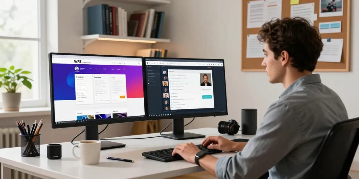 Professional using WPS Official Website in a modern workspace with dual monitors and collaborative tools.