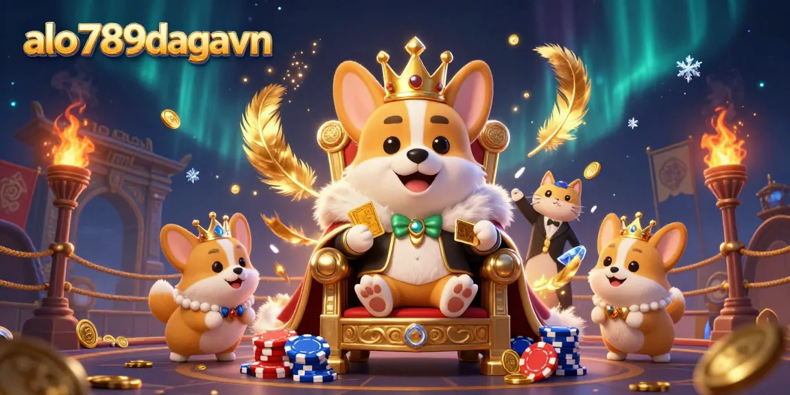 Play exciting games at alo789dagavn with a royal corgi and cat butler amid dynamic casino elements.