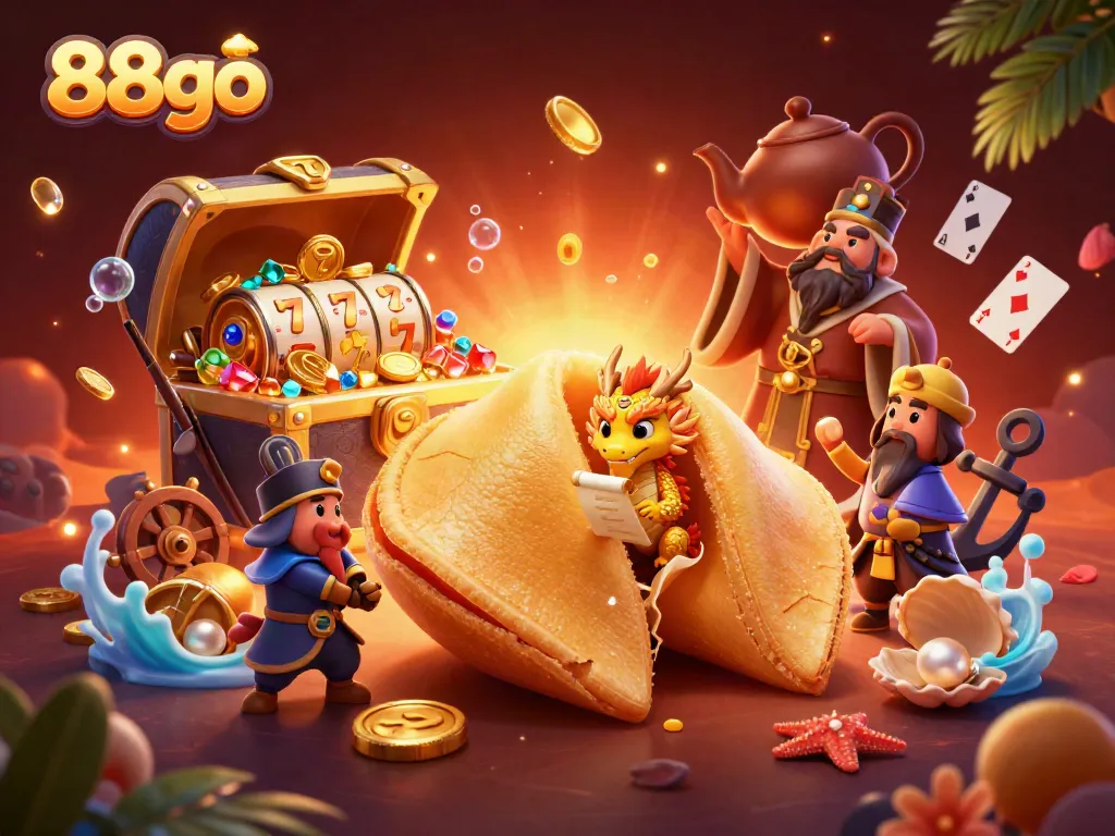 Experience the dynamic gaming world of 88go with a whimsical casino-themed illustration featuring a golden fortune cookie.