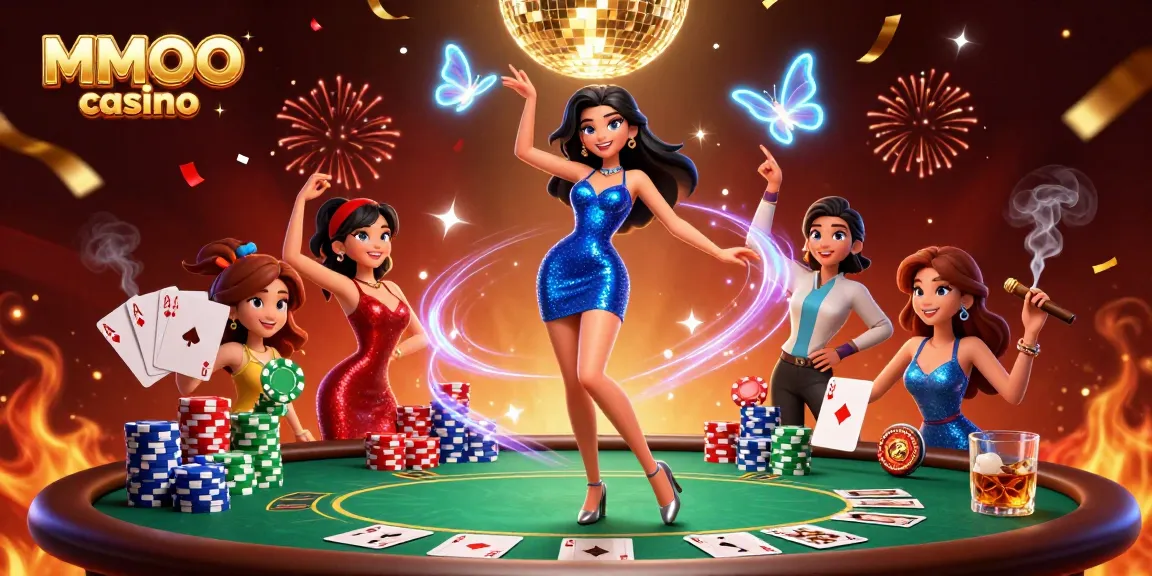 Experience the vibrant excitement of MMOO casino with a glamorous scene of poker, lights, and festive energy.
