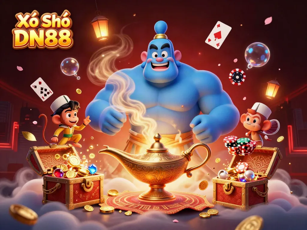 Engage with Xổ Số DN88 in a vibrant casino scene featuring a magical genie, a playful monkey, and poker chips.