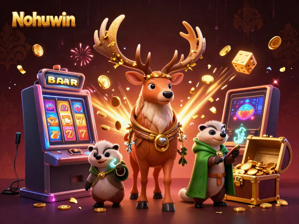 Nohuwin features a vibrant 3D casino scene with characters and dynamic gaming elements for immersive play.