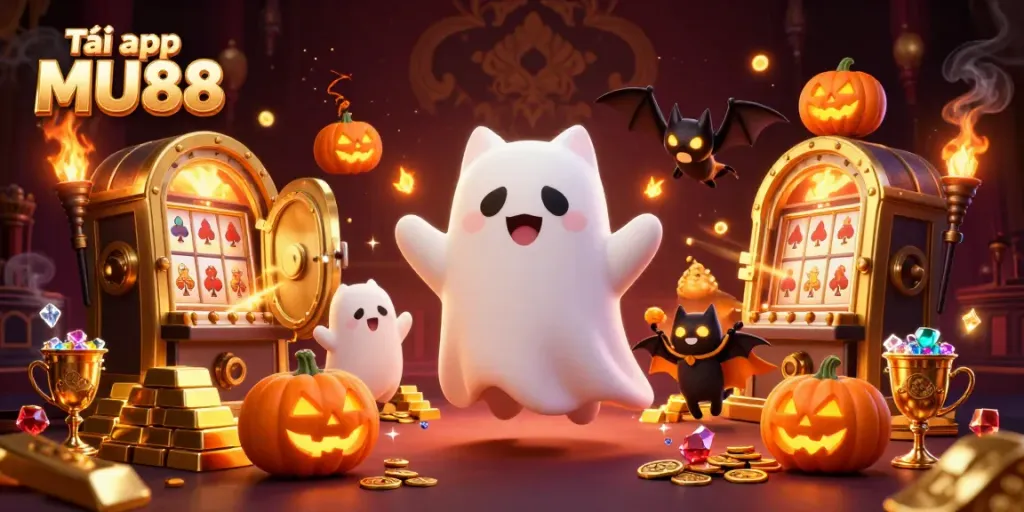 Experience the excitement of Tải app MU88 with a ghost cat and bat in a vibrant haunted casino scene.