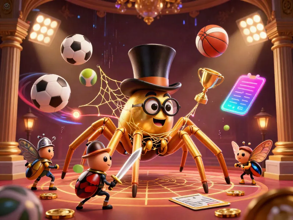 Experience thrilling gameplay with rikvip5 in this vibrant 3D casino illustration featuring a golden tarantula and a brave beetle knight.