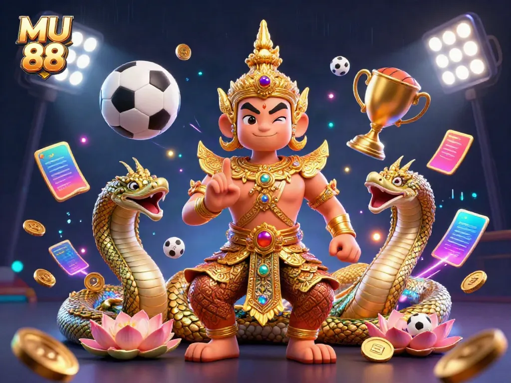 Experience the exhilarating energy of MU 88 as vibrant sports elements and a temple guardian create an engaging gambling scene.