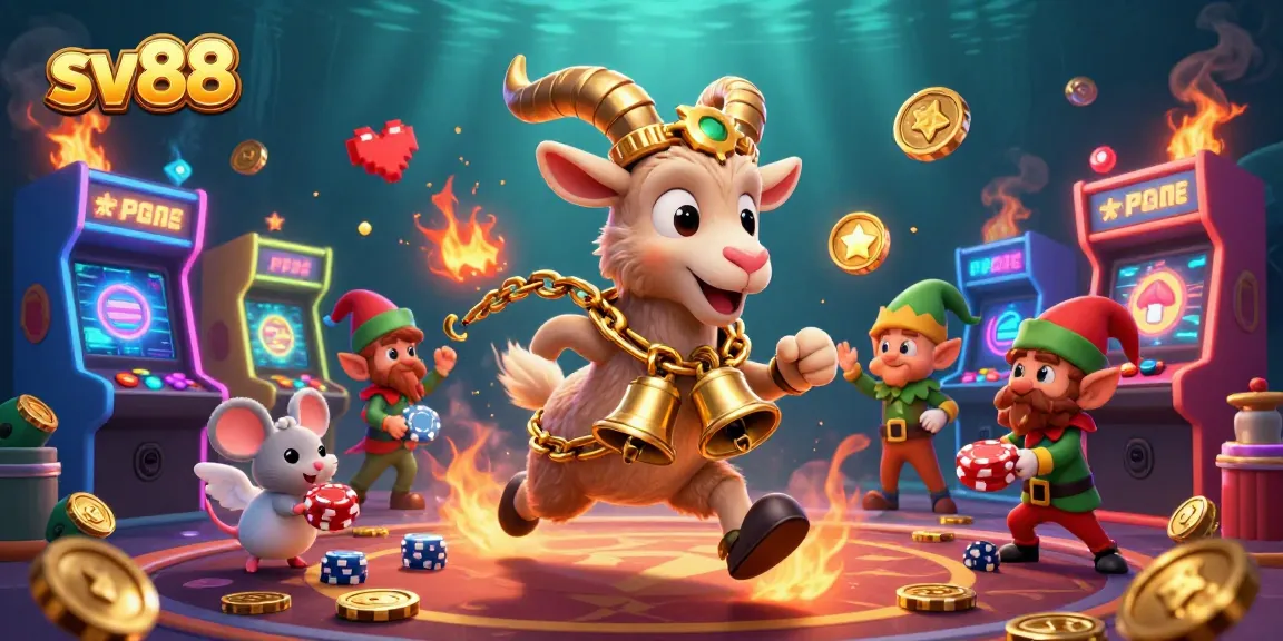 Play thrilling casino games at sv88 with a festive 3D cartoon Krampus goat and playful characters.