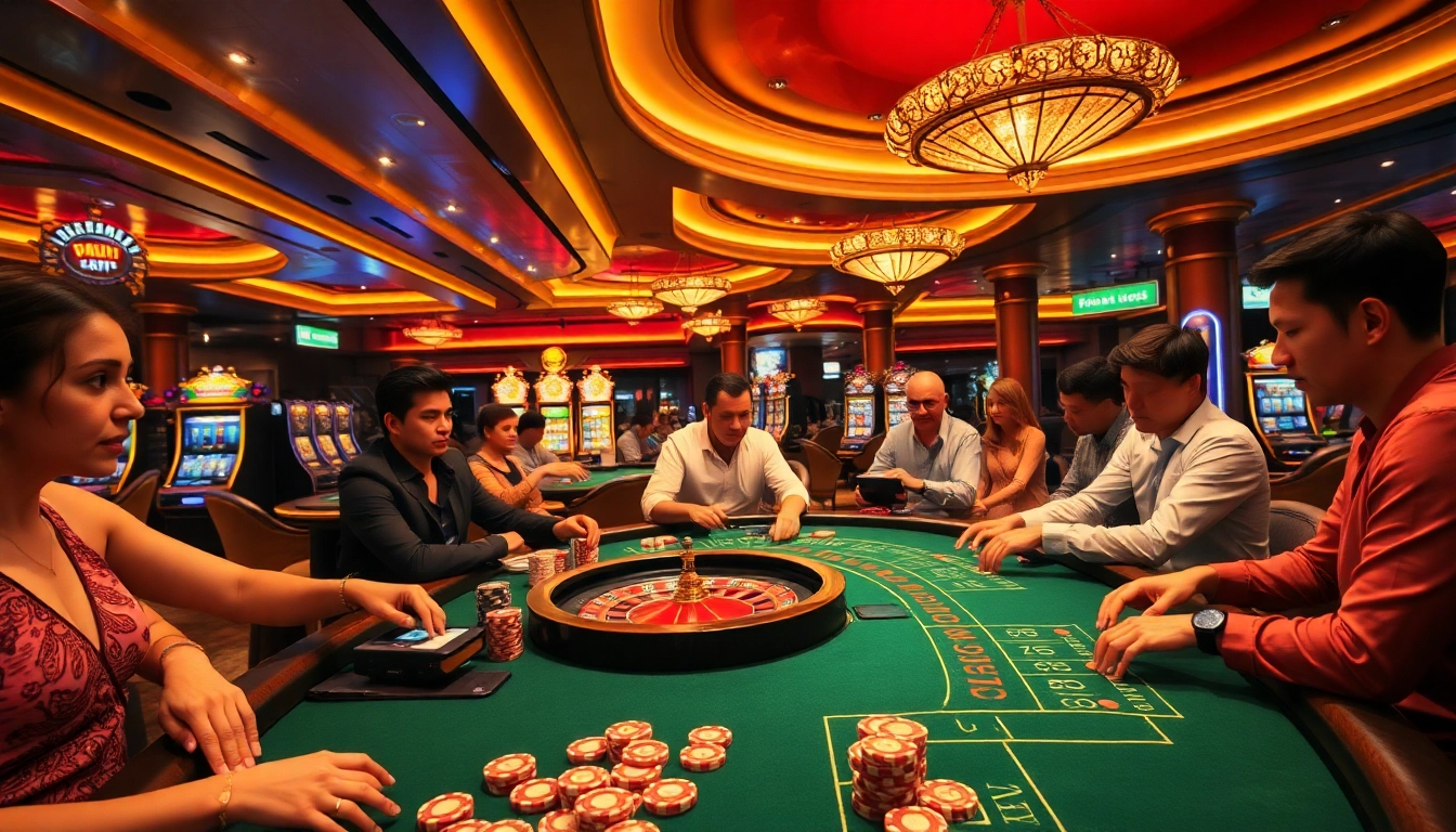 A thrilling casino scene at https://11win12.com/ with players at tables and slot machines, radiating excitement.