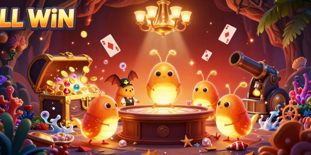 Engage in thrilling gameplay at LL WIN, enjoying the vibrant illuminated casino scene with glowworms and exciting treasures.