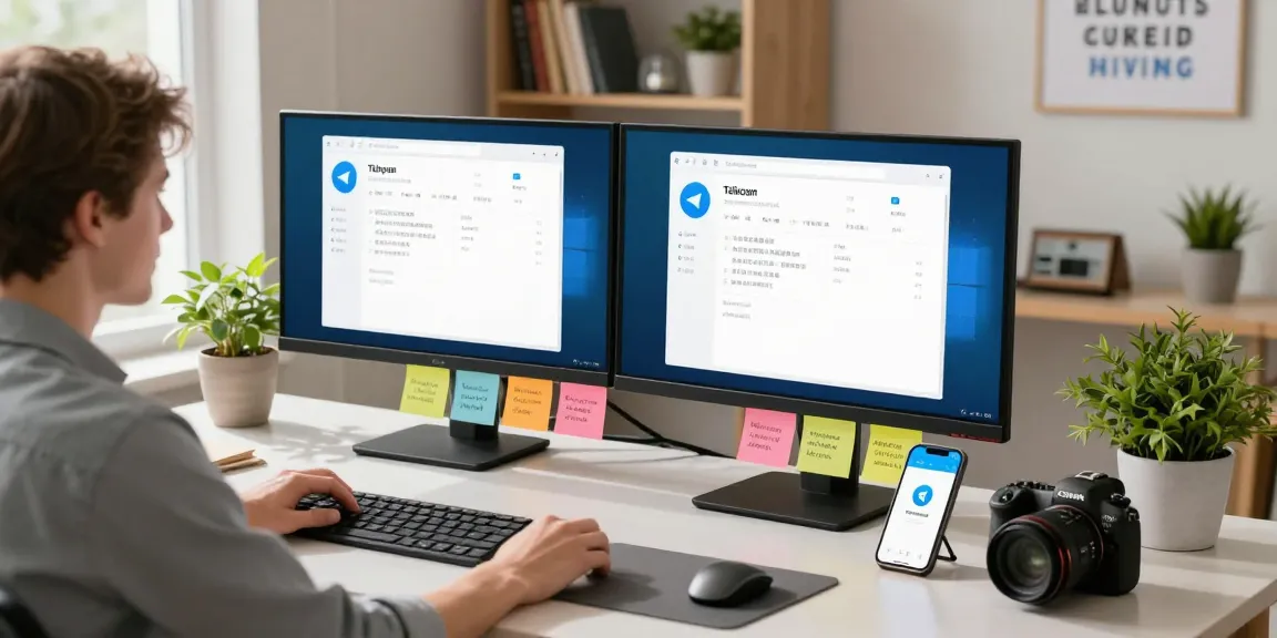 Setting up Telegram in Chinese in a modern tech workspace.