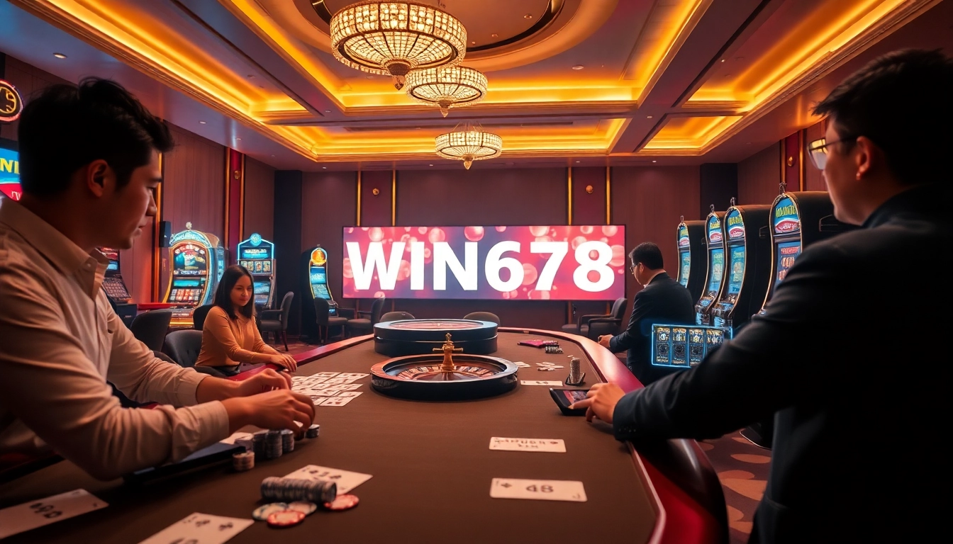 WIN678 đăng nhập at a luxurious casino gaming table lively with players and vibrant slot machines.
