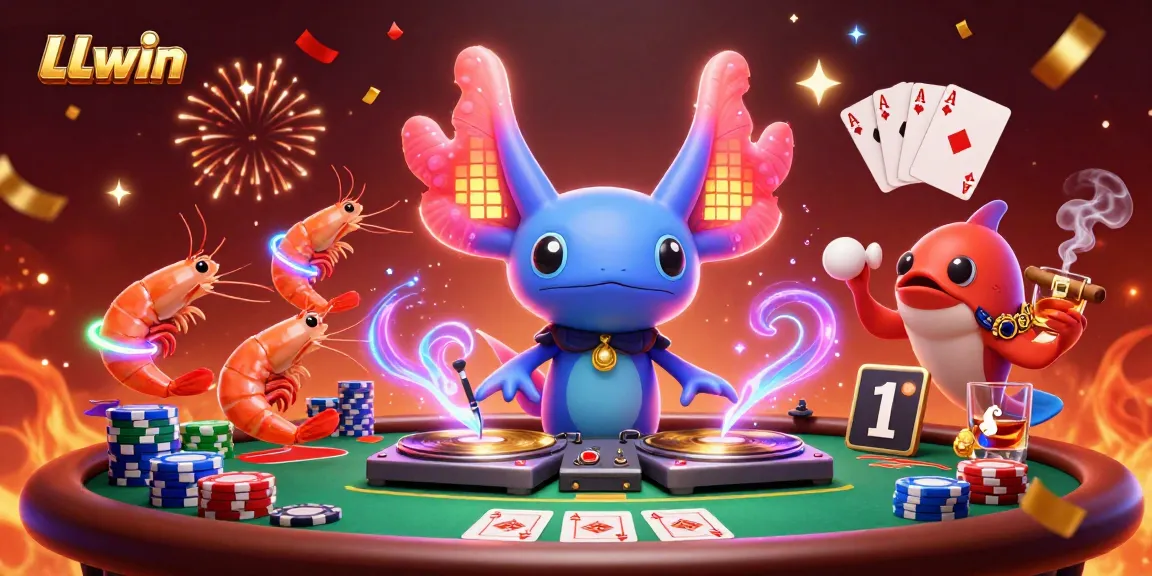 LLwin features a vibrant 3D casino scene with an axolotl DJ, poker tables, and festive atmosphere.