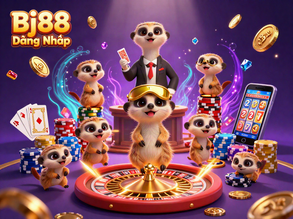 Bj88 Đăng Nhập captures meerkats managing a dynamic online casino scene, epitomizing vibrant gambling action.