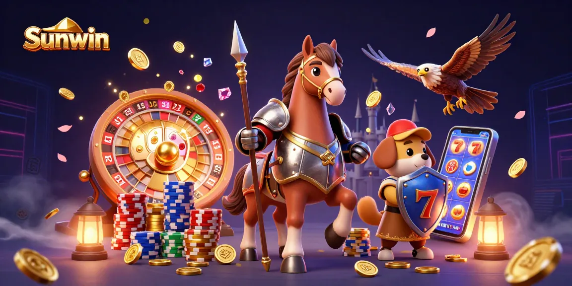 Experience the thrilling atmosphere of Sunwin with a knight, squire, and falcon amidst vibrant casino elements.