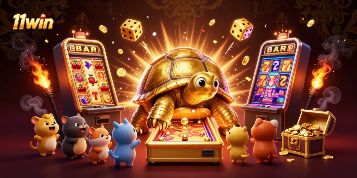 Experience the excitement of 11win with a vibrant 3D casino scene featuring a colossal golden tortoise and jackpot fun.
