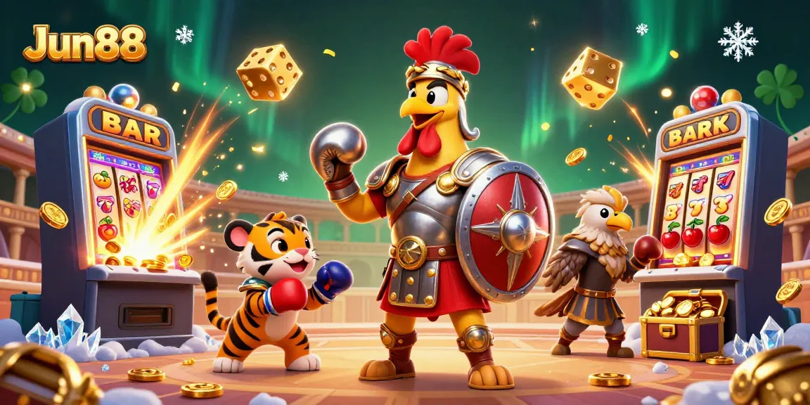 Experience the exhilarating world of Jun88 with a vibrant casino showdown featuring unique characters and casino elements.