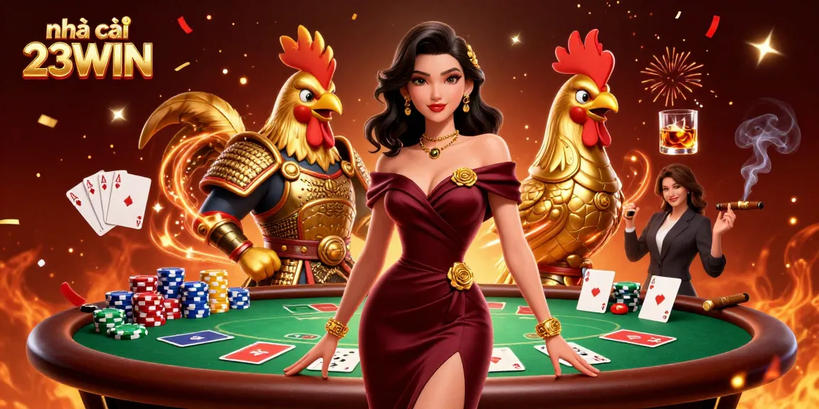 Engaging scene featuring nhà cái 23WIN with glamorous characters, poker elements, and rich casino atmosphere.