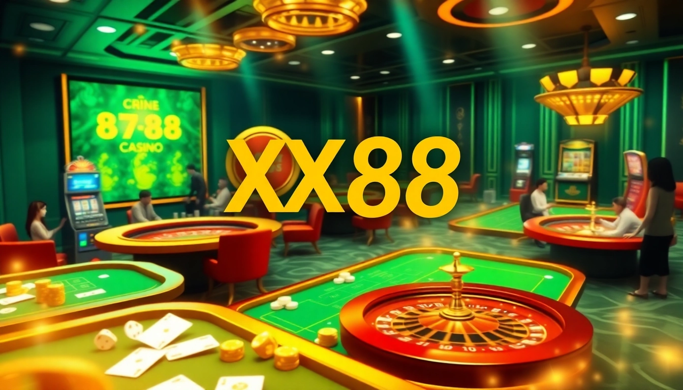 Engaging online gambling scene featuring XX88 with casino tables and lively players.