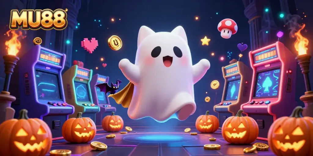 Engage with MU88 in a vibrant animated casino scene featuring a friendly ghost cat and vampire bat amidst arcade machines and glowing symbols.
