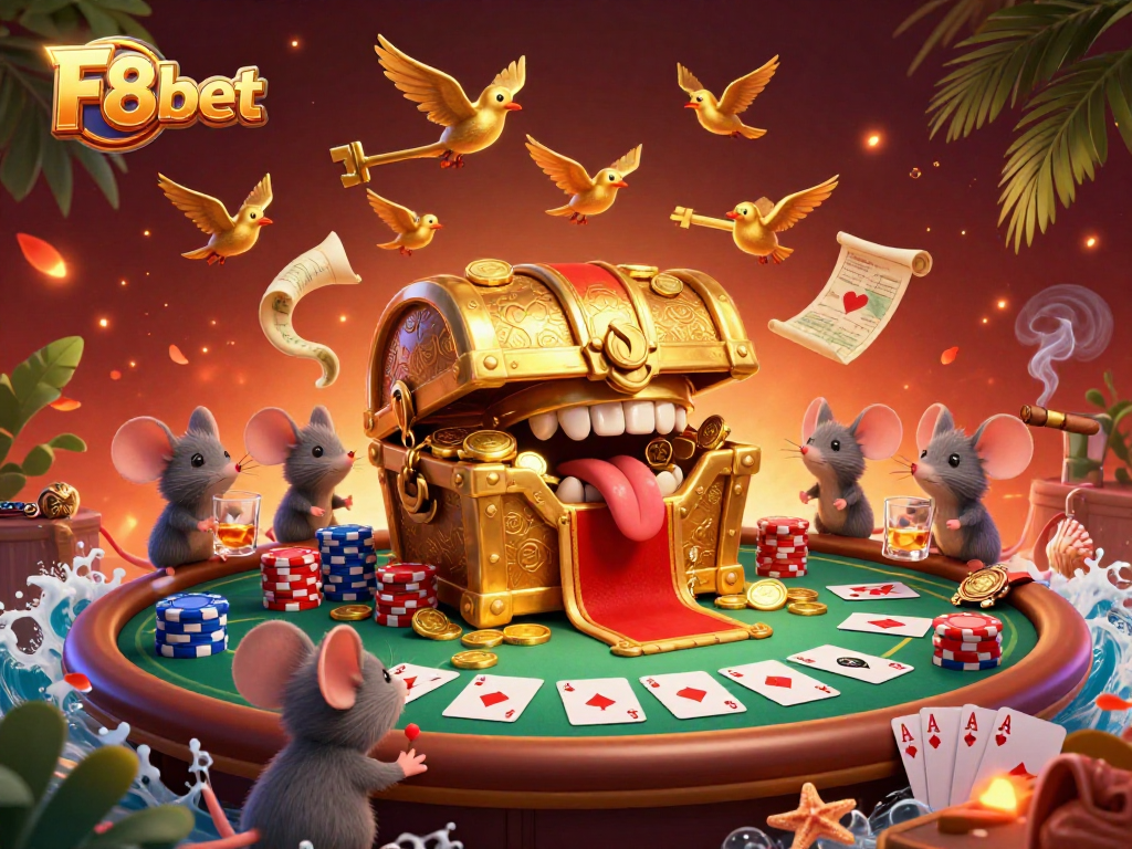 Engage with F8bet's vibrant 3D casino scene featuring treasure chests and poker elements.