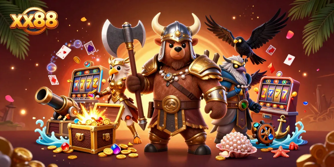 Bet with xx88 and explore vibrant gaming adventure with Viking characters and treasure chests.