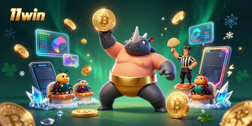 Experience thrilling action at 11win with a beetle sumo champion celebrating wins, coins flying around.