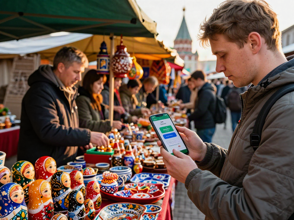 https://payinrussia.com/ uygulaması ile Rus pazarında alışveriş yapan turist.