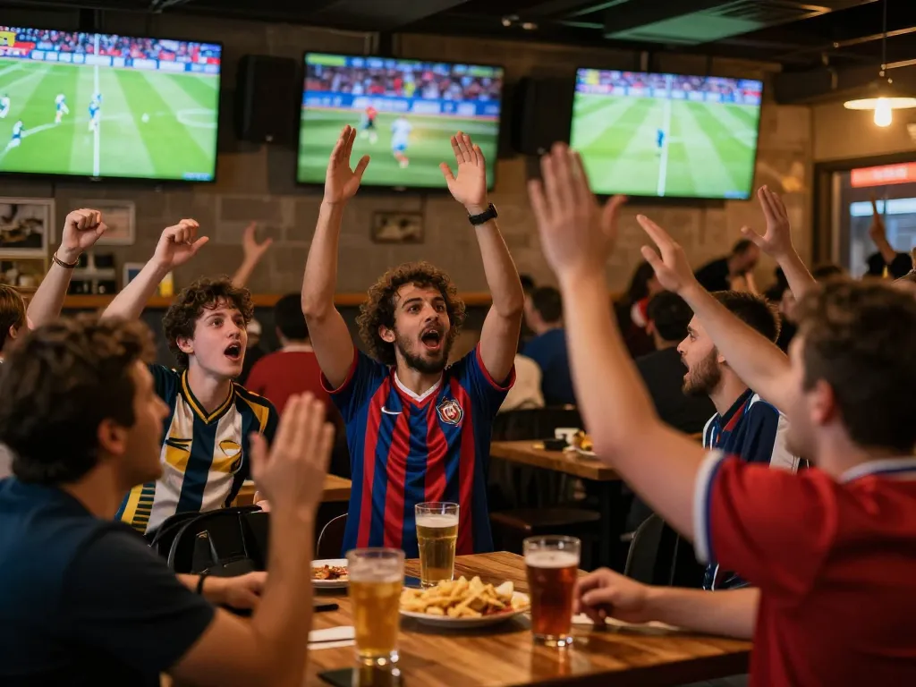 Cakhiatv viewers celebrating an exciting football match in a lively sports bar atmosphere.