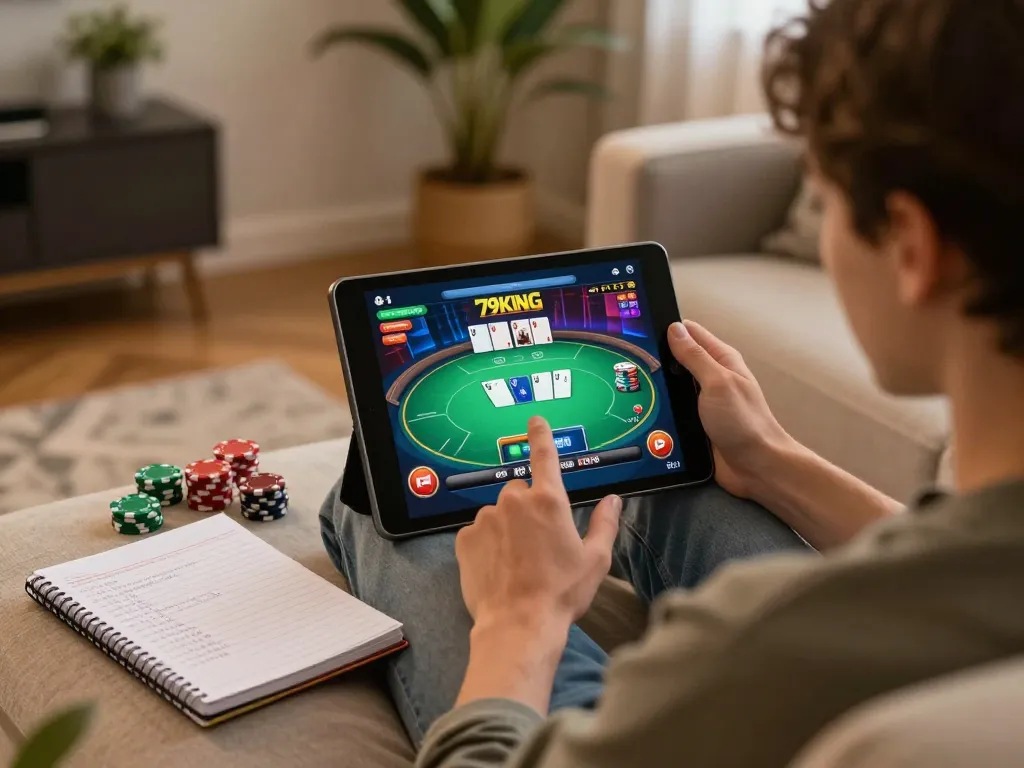 Player enjoying an engaging poker game on 79KING, with strategic notes at home