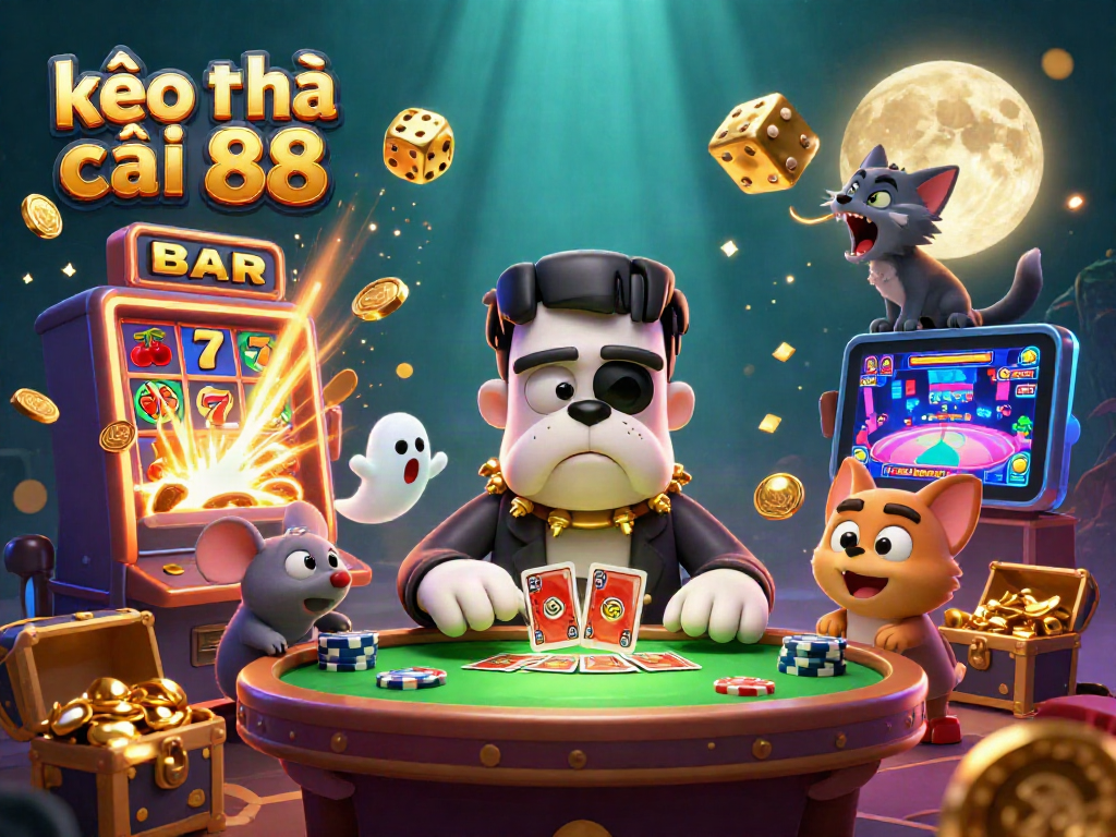 Engage with kèo nhà cái 88 featuring a cartoon bulldog and spooky casino elements amid a jackpot explosion.