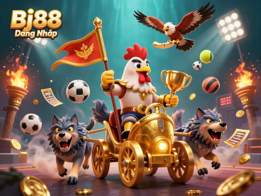 Bj88 Đăng Nhập illustrated scene with a rooster warlord, dynamic sports elements, and immersive casino themes