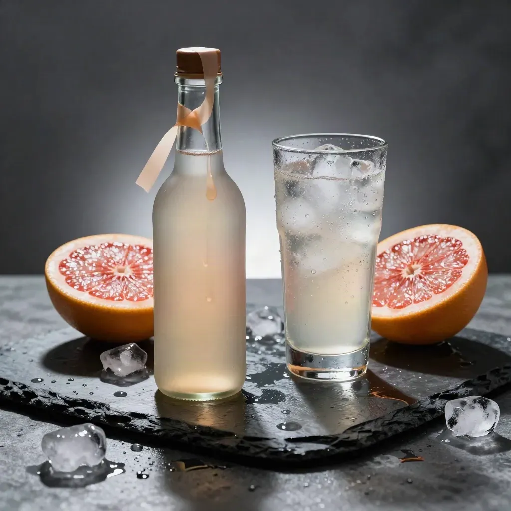 Islak arduvaz üstünde greyfurt şurubu şişesi, yarım greyfurtlar, buz ve soda bardağı.
