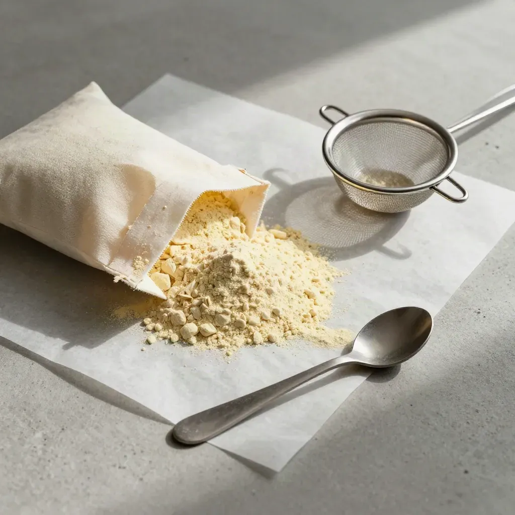 Kraft kesede limon kabuğu tozu, elek ve kaşıkla beton zeminde düzenli flatlay.