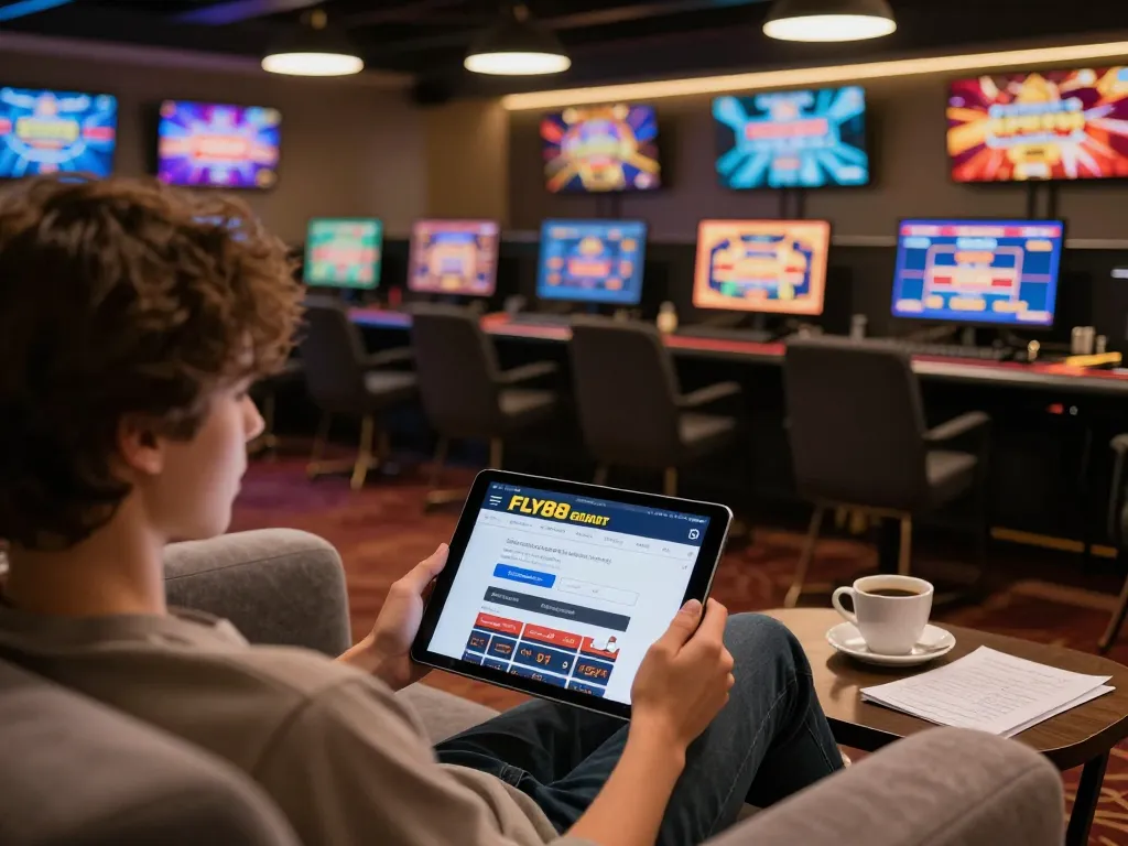 Engaging with đăng ký FLY88 on a tablet in a modern home setting for online gaming.