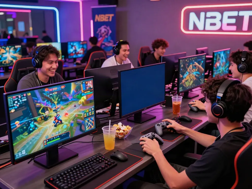 Players enjoying diverse games at a modern lounge under vibrant lights with NBET branding.