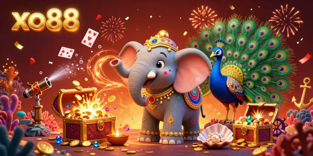 Experience thrilling moments at xo88 with colorful casino elements and a festive elephant.