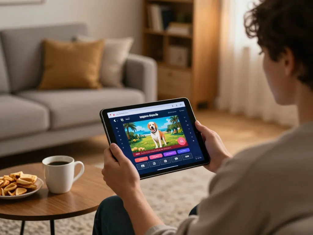 sapporo-dogscafe user enjoying online gambling experience on tablet in cozy home setting