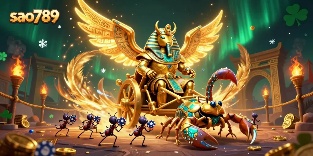 Experience the excitement of gambling at sao789 with a captivating chariot scene featuring golden scarab beetles and dazzling elements.