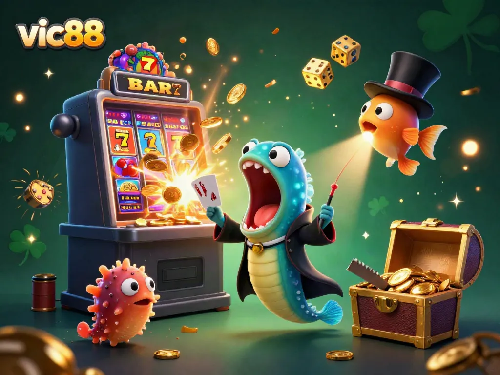 Experience the magical world of vic88 with a 3D gambling scene featuring vibrant characters and casino elements.