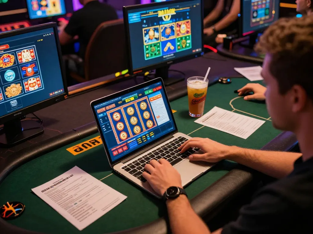 Engaged player enjoying a thrilling gaming experience at Nhà Cái RR88 on laptop with diverse game interfaces.