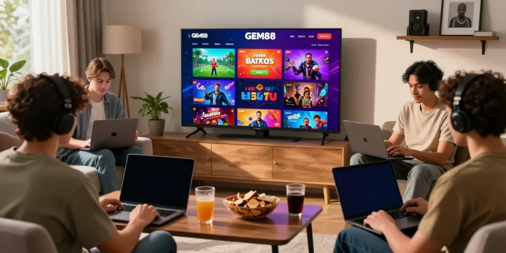 Engaging players enjoying diverse gaming experiences on GEM88 platform in a cozy living room.
