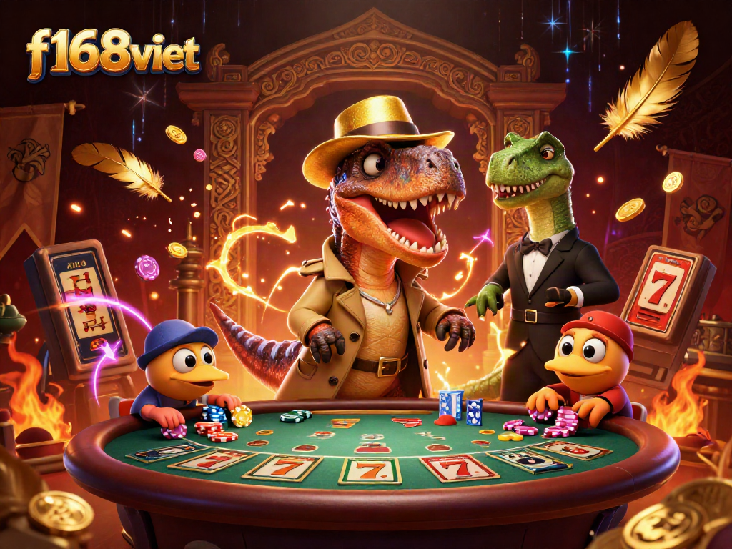 Experience thrilling blackjack action with f168viet as a crafty velociraptor card counter amidst vibrant casino chaos.
