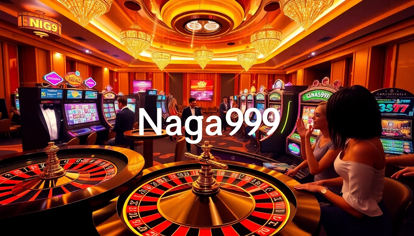 Naga99 players celebrating a jackpot win at an extravagant casino slot machine.