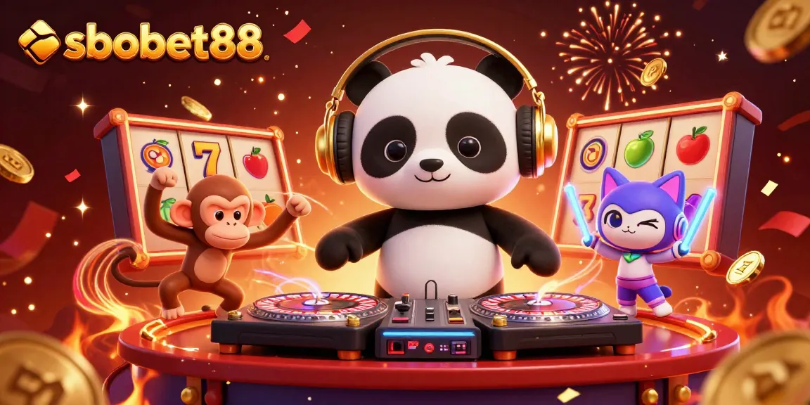 Engage with sbobet88 through a vibrant 3D illustration featuring a DJ panda, breakdancing monkey, and rave kitten.
