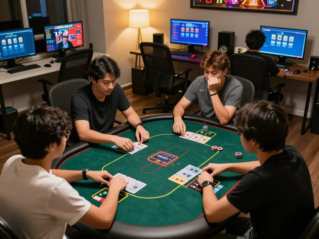 Players enjoying an intense online poker game at mm88star with engaging digital interface and warm home environment.