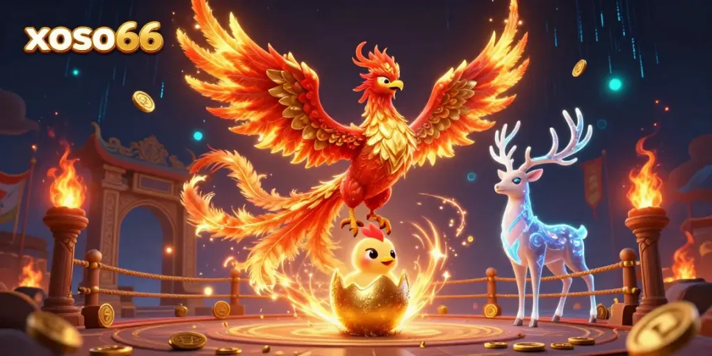 Experience casino magic with the xoso66 phoenix soaring above a vibrant gambling arena.