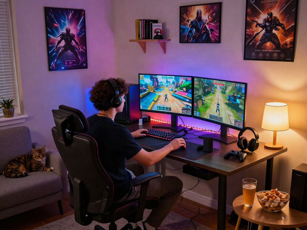 Gamer engaged in rokok88 daftar gaming session with vibrant visuals and cozy setup