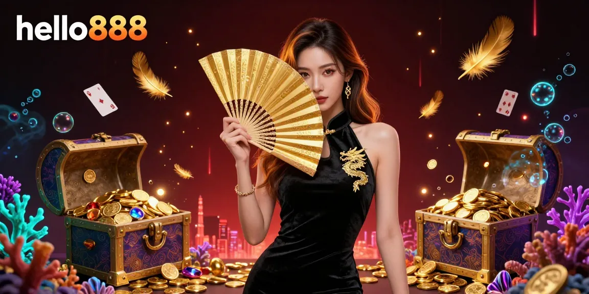Experience thrilling gaming action at hello888, featuring an elegant scene with a captivating Asian woman and vibrant underwater elements.